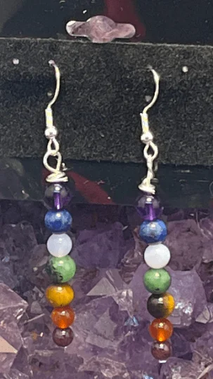 Ladies earrings memory keepsakes-Chakra Gemstone Dangle Drop Sterling Silver Hooks  Earrings