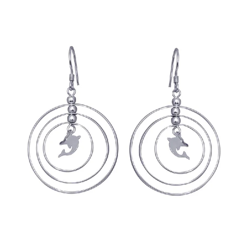 Ladies earrings boho flair-Silver 925 Rhodium Plated Open Graduated Circle Center Dolphin Dangling Hook Earrings - DSE00067