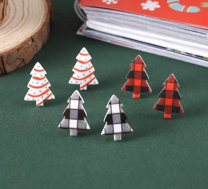 Ladies earrings custom designs-Set of 3 Christmas Tree Stud Earrings