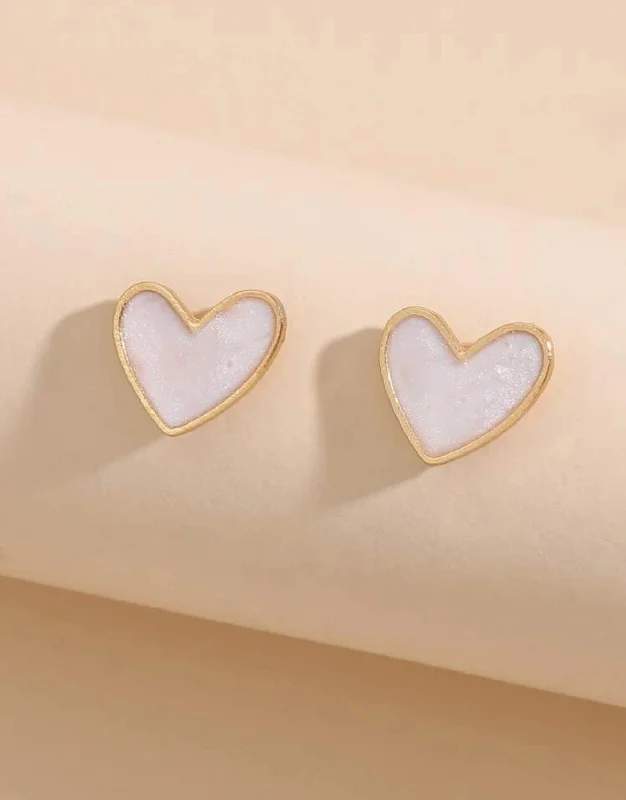 Ladies earrings dangle styles-Dainty White Heart Stud Earrings