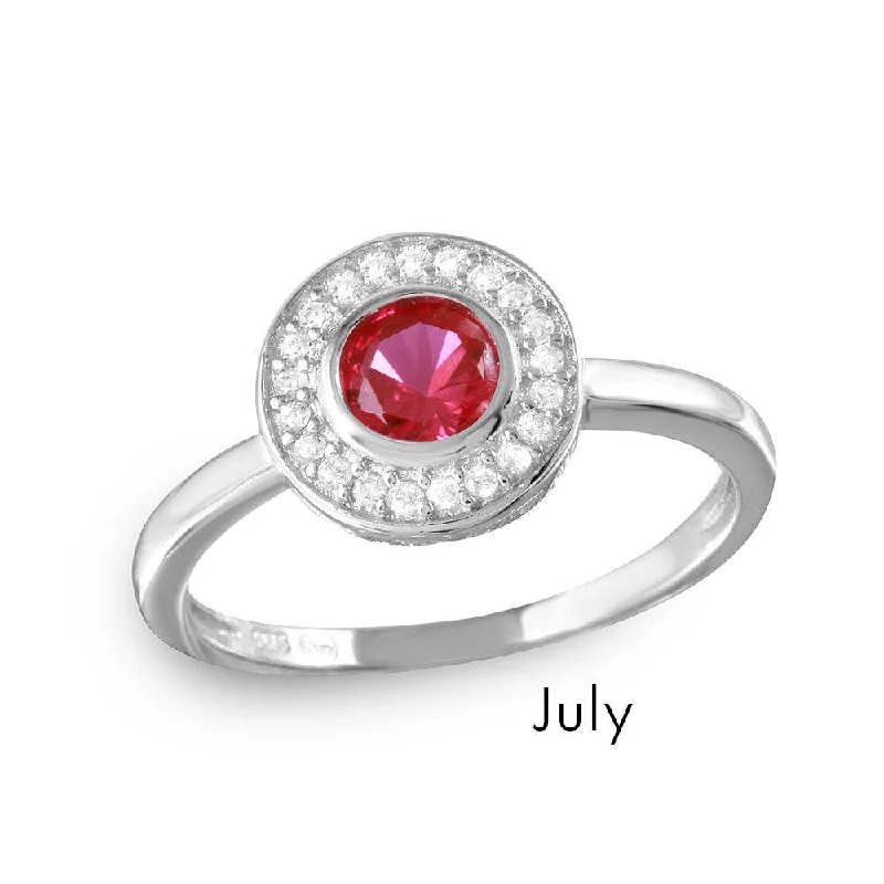 Ladies rings investment value-July Sterling Silver 925 Rhodium Plated CZ Center Birthstone Halo Ring - BGR01082JUL