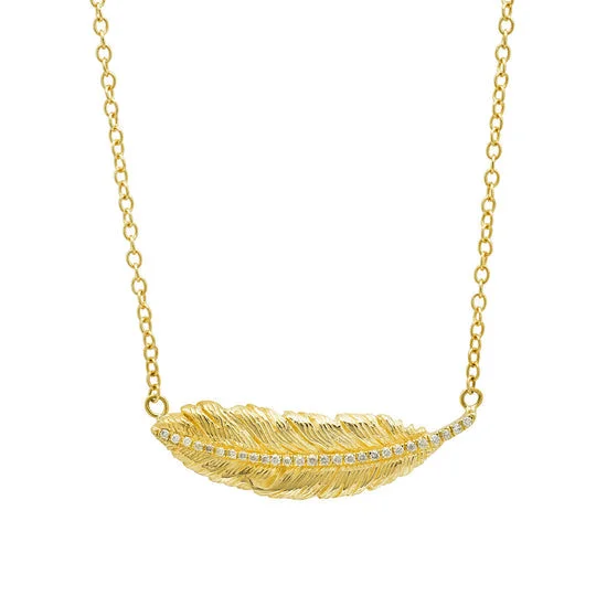 Ladies rings global brands-Small Feather Necklace with Diamonds