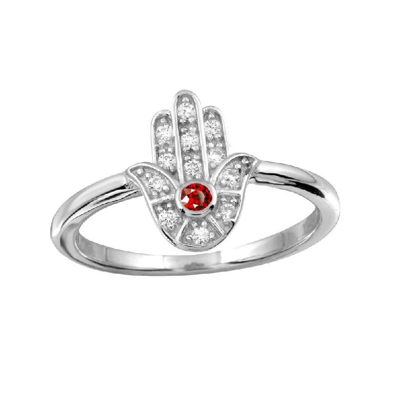 Ladies rings gold-plated-Rhodium Plated 925 Sterling Silver Red Hamsa Ring with CZ - BGR01131RED