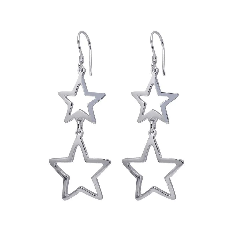 Ladies earrings party wear-Silver 925 Rhodium Plated Two Dangling Open Star Hook Earrings - DSE00013