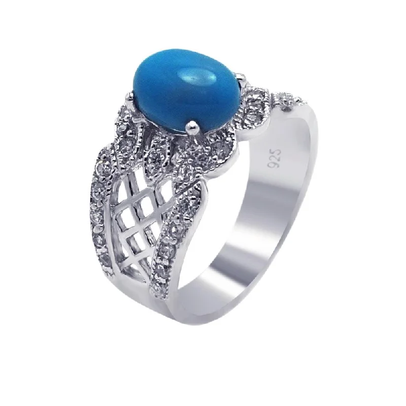 Ladies rings star motifs-Silver 925 Rhodium Plated Turquoise Center Clear Pave Set CZ Filigree Ring - AAR0085