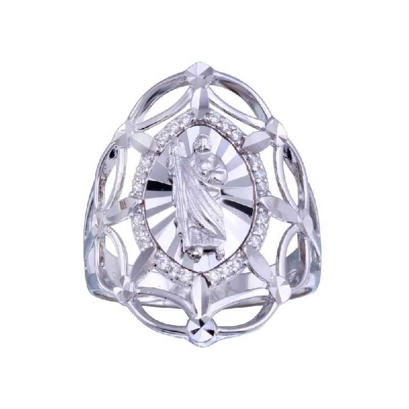 Ladies rings classic designs-Rhodium Plated 925 Sterling Silver Saint Jude CZ Filigree Ring - GMR00339