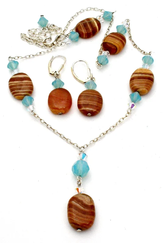 Ladies rings social media trends-Sterling Silver Banded Agate Lavalier Necklace Set