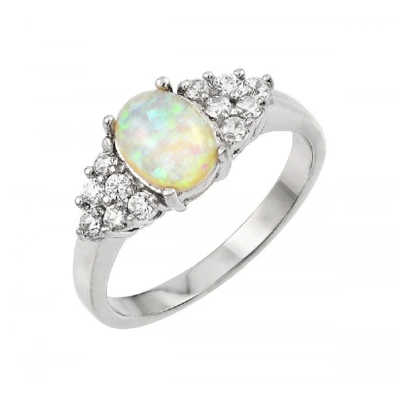 Ladies rings jade accents-Silver 925 Rhodium Plated Opal Clear Cluster CZ  Ring - STR00994