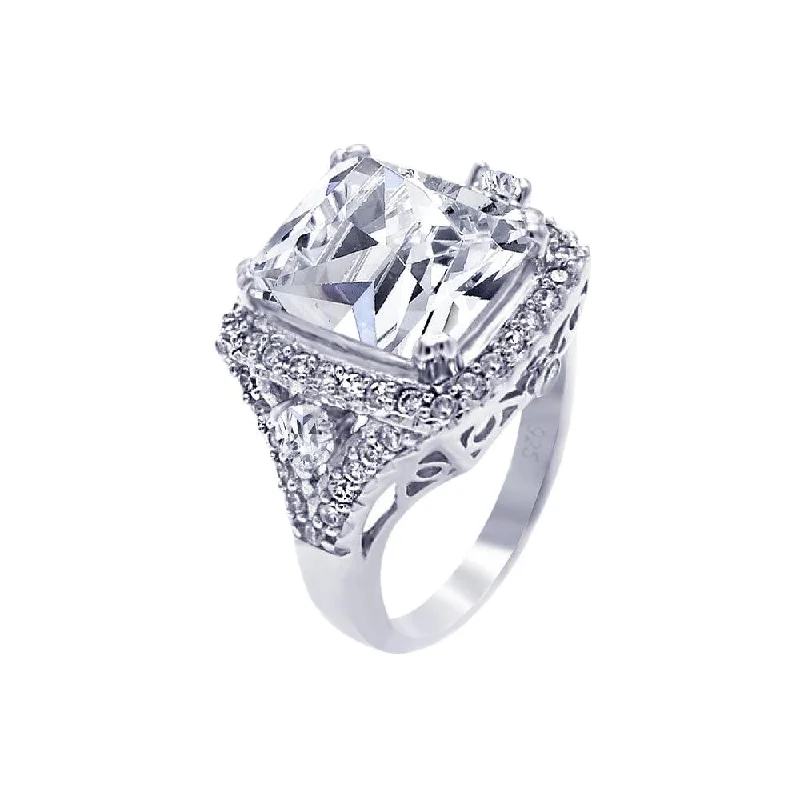 Ladies rings engraved names-Silver 925 Rhodium Plated Pave Clear Square Center Cluster CZ Ring - ACR00029