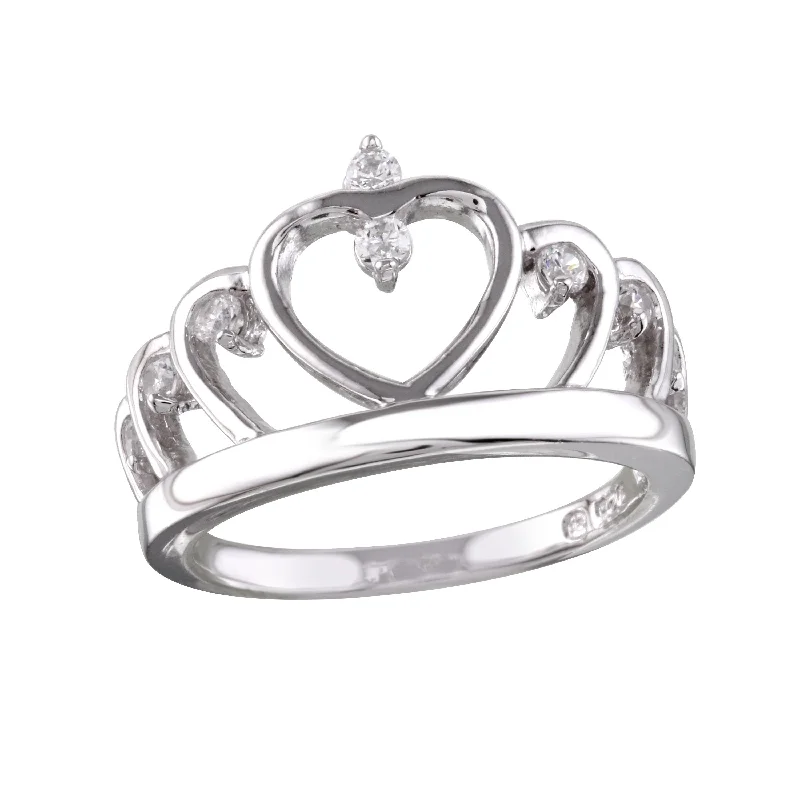 Ladies rings memory keepsakes-Rhodium Plated 925 Sterling Silver Heart Crown Ring with CZ - BGR01160