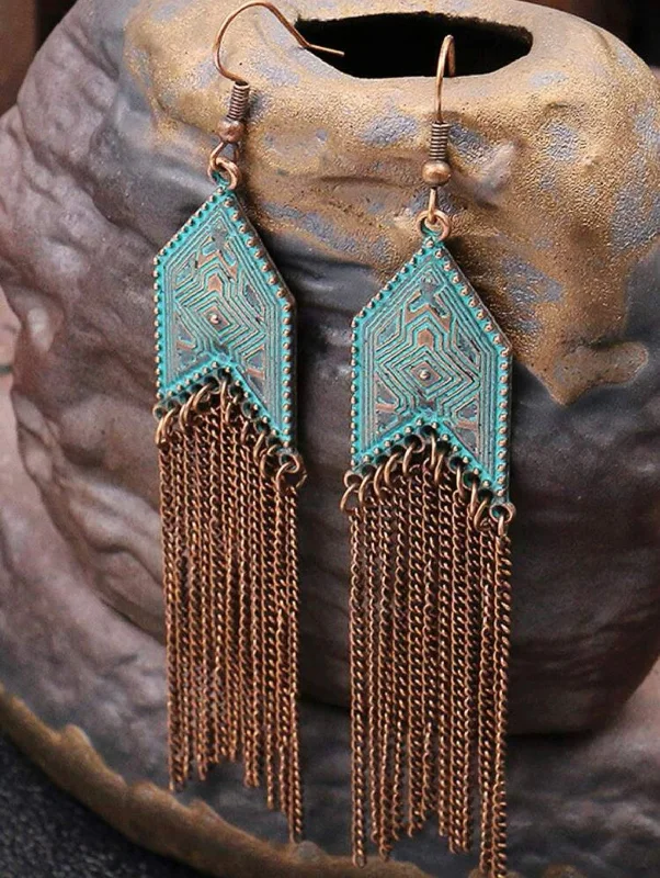 Ladies earrings cute designs-Turquoise and Bronze Metal Tassel Earrings