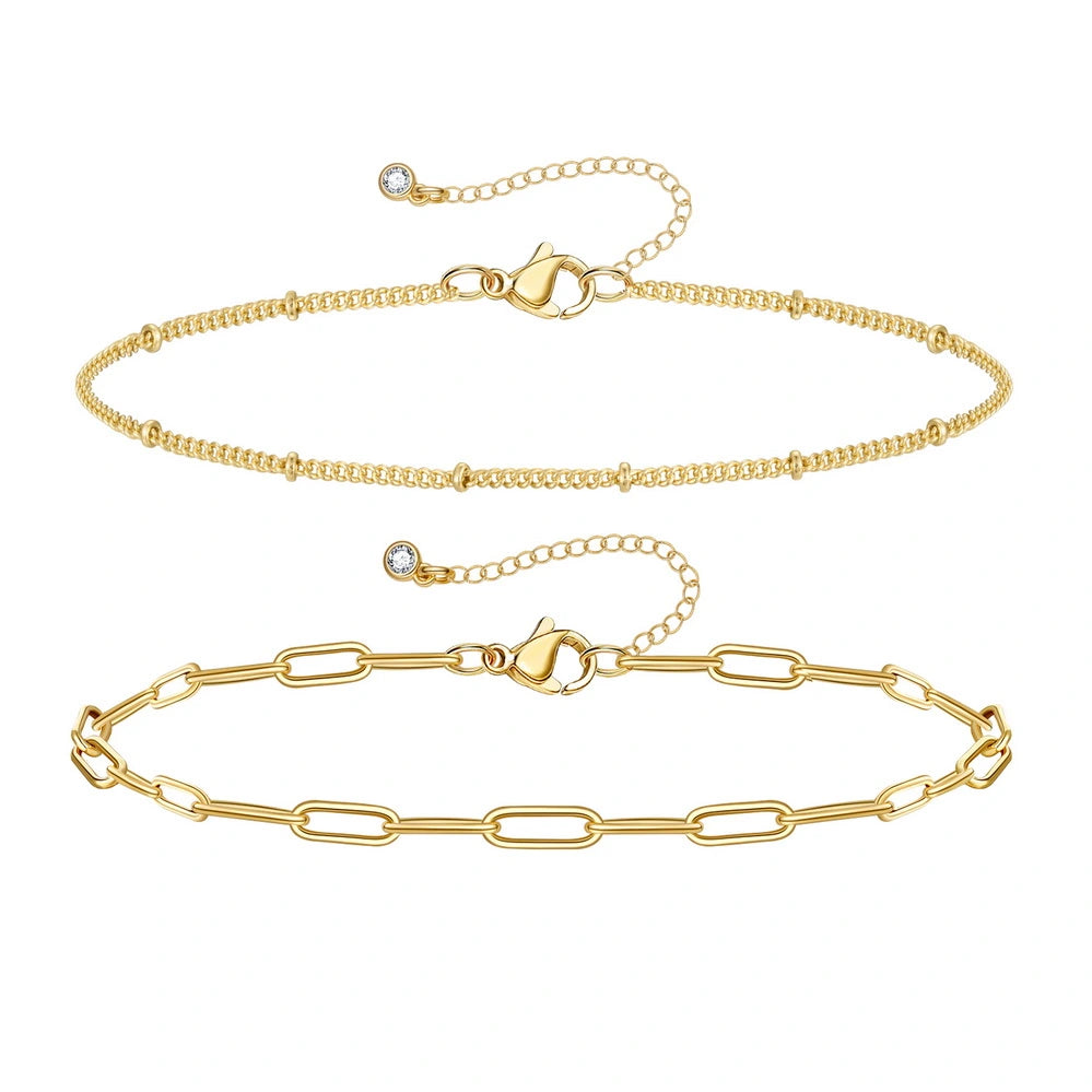 Ladies bracelets minimalist trends-Dainty 14k Gold Plated Layering Anklets Bracelets Set- Paperclip & Satellite