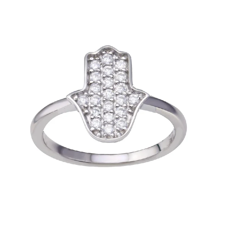 Ladies rings index finger-Rhodium Plated 925 Sterling Silver Hamsa Clear CZ Ring - BGR01351