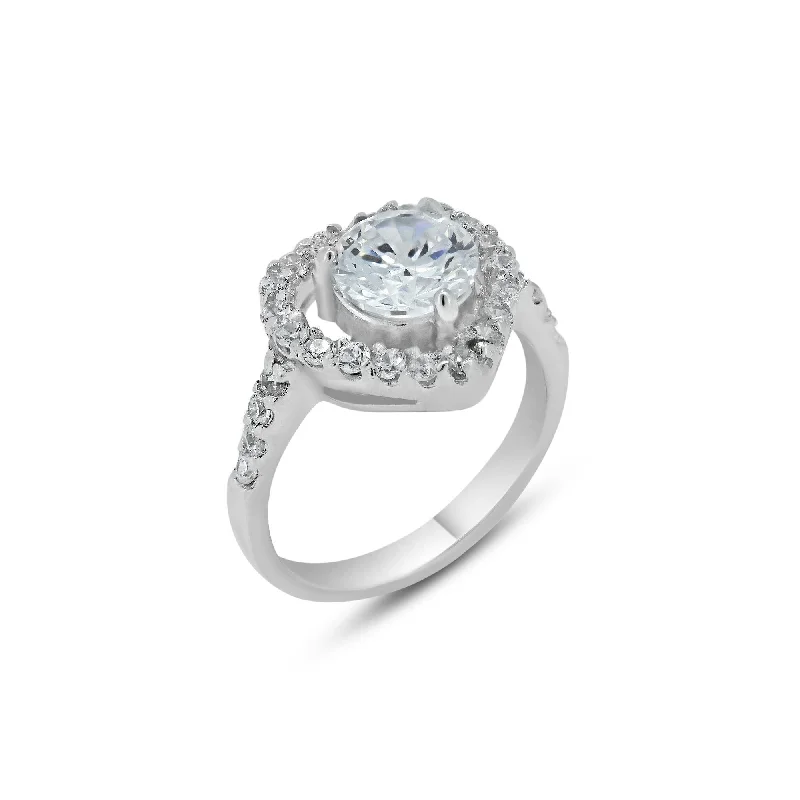 Ladies rings engagement options-Rhodium Plated 925 Sterling Silver Clear Center CZ Heart Bridal Ring - BGR00390