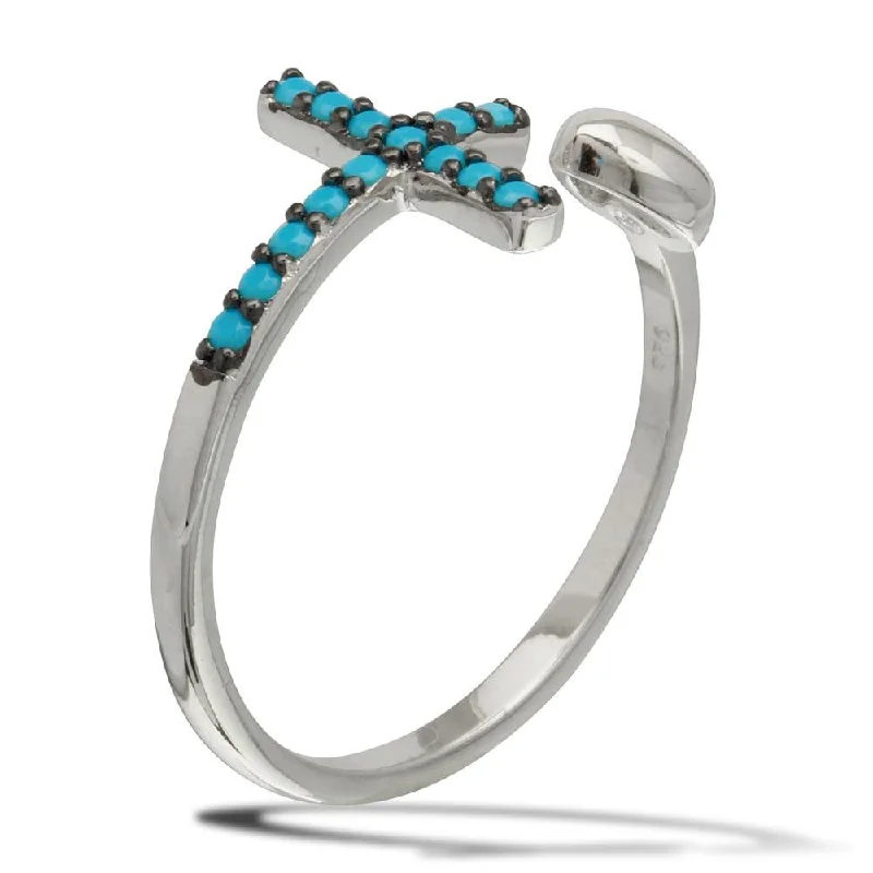 Ladies rings buying guide-Rhodium Plated 925 Sterling Silver Heart and Cross Open Ring with Turquoise Beads - BGR01086