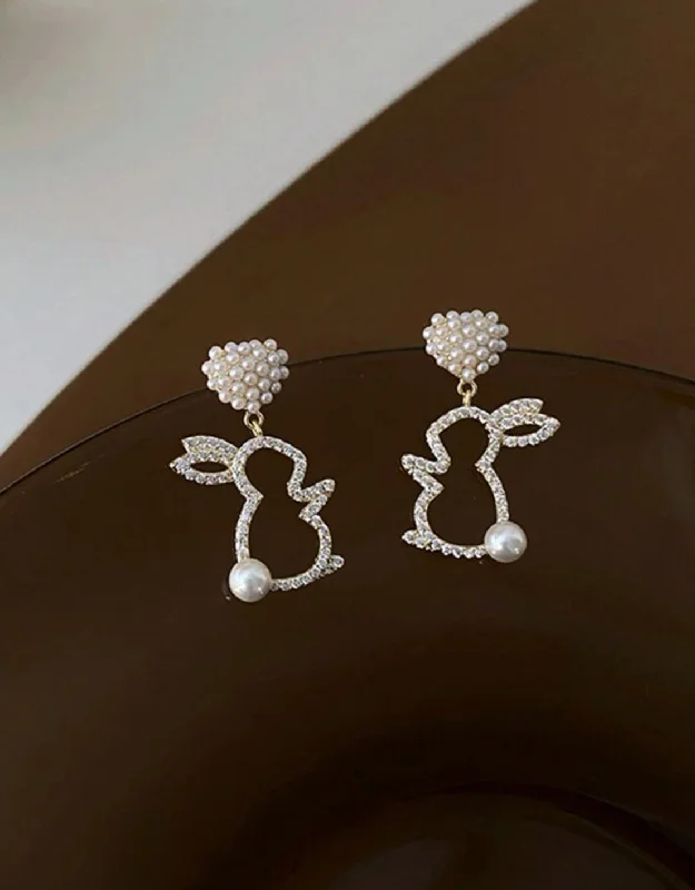 Ladies earrings office elegance-Rhinestone and Faux Pearl Bunny Drop Earrings