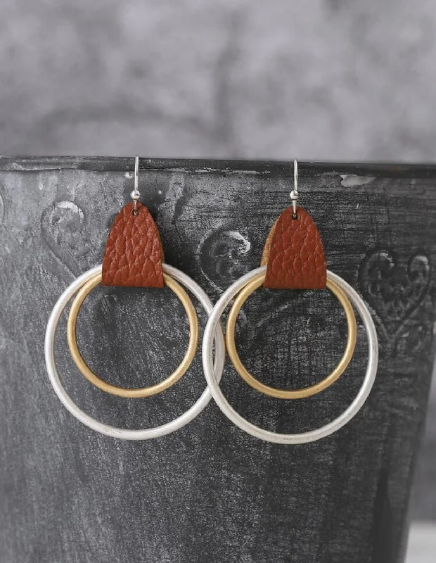 Ladies earrings global brands-Leather Wrapped Silver and Gold Hoop Earrings