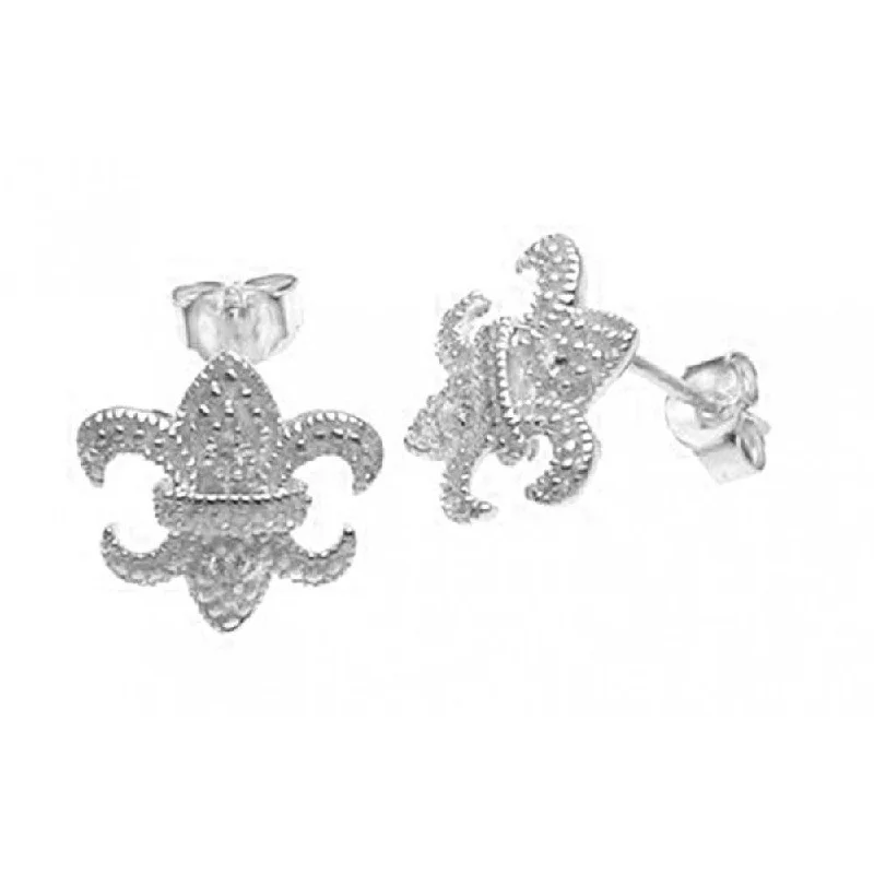 Ladies earrings open patterns-Silver 925 Rhodium Plated Fleur De Lis CZ Post Earrings - STE00571