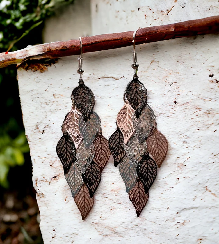 Ladies earrings casual designs-Beautiful Black, Silver, and Bronze Leaf Tassel Earrings