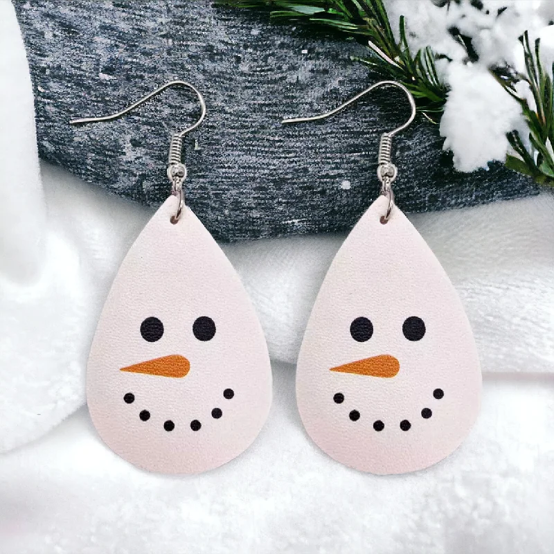 Ladies earrings group designs-Leather Snowman Drop Earrings