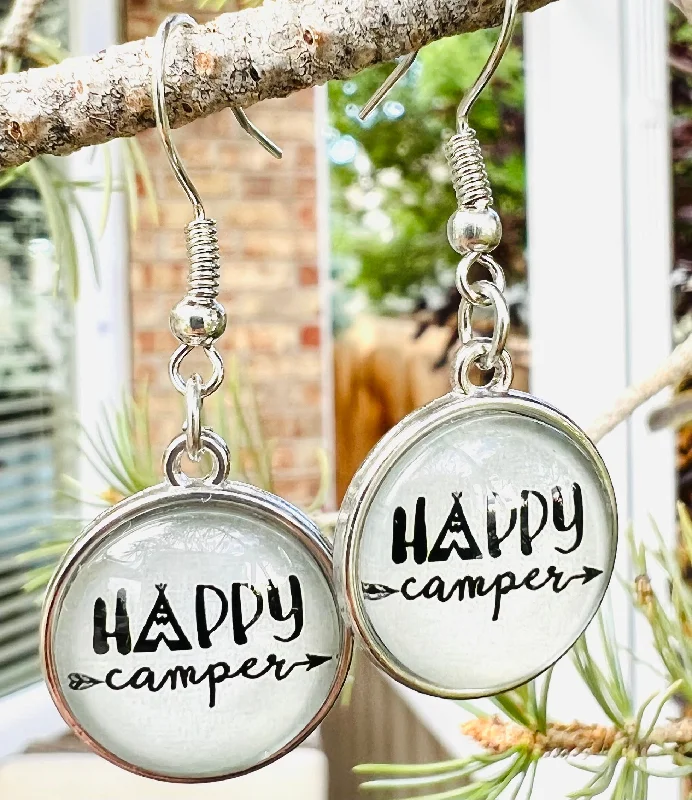 Ladies earrings boho flair-Round Happy Camper Dangle Earrings