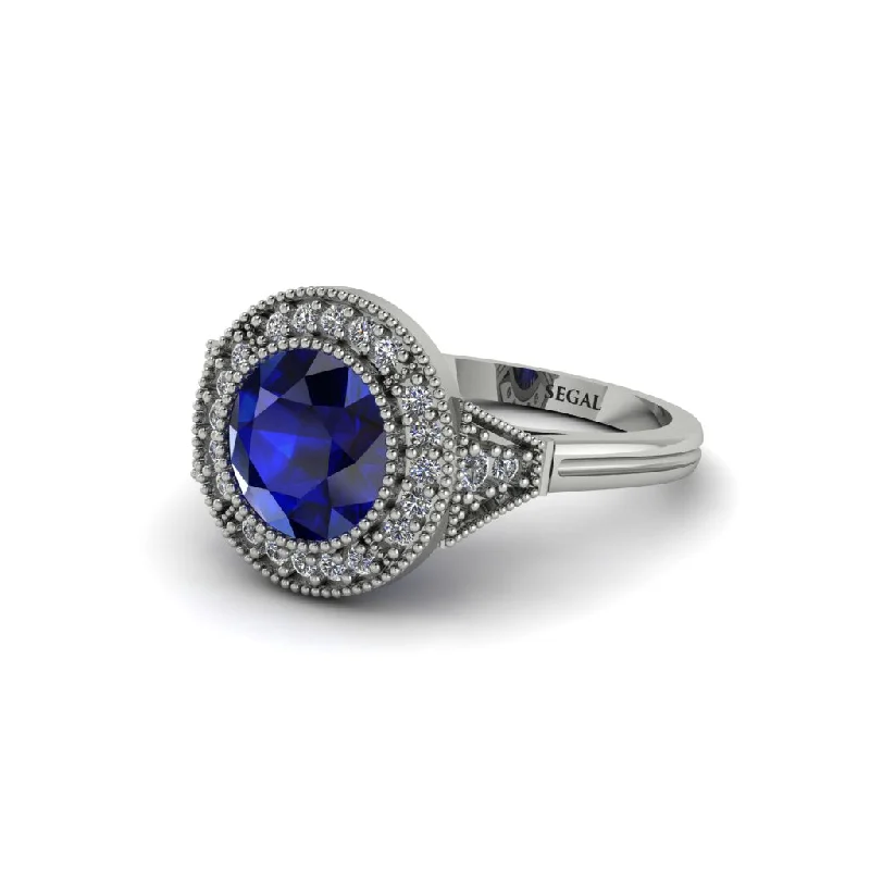 Ladies engagement rings classic looks-Round Cut Sapphire Milgrain Halo Engagement Ring - Maggie No. 15