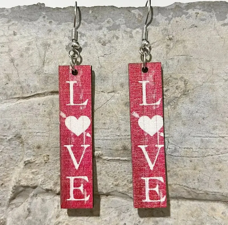 Ladies earrings silver tones-Rectangular Wooden "Love" Earrings