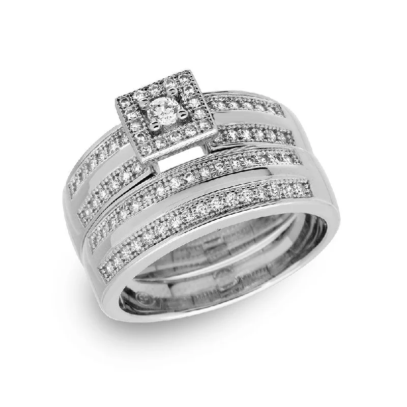 Ladies rings unique designs-Silver 925 Rhodium Plated Round Square Center Trio Bridal Ring - GMR00148