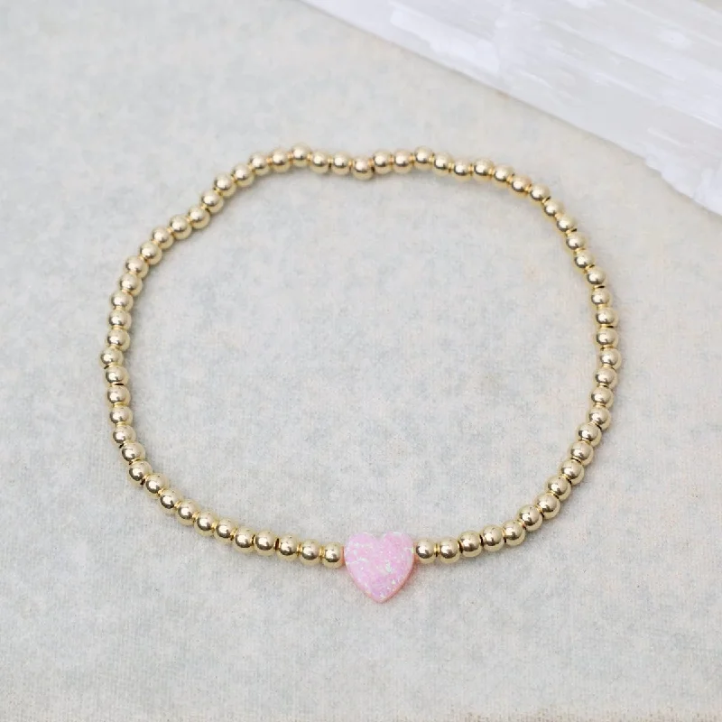 Ladies bracelets creative pieces-Pink Opal Heart Gold Filled Ball Bracelet