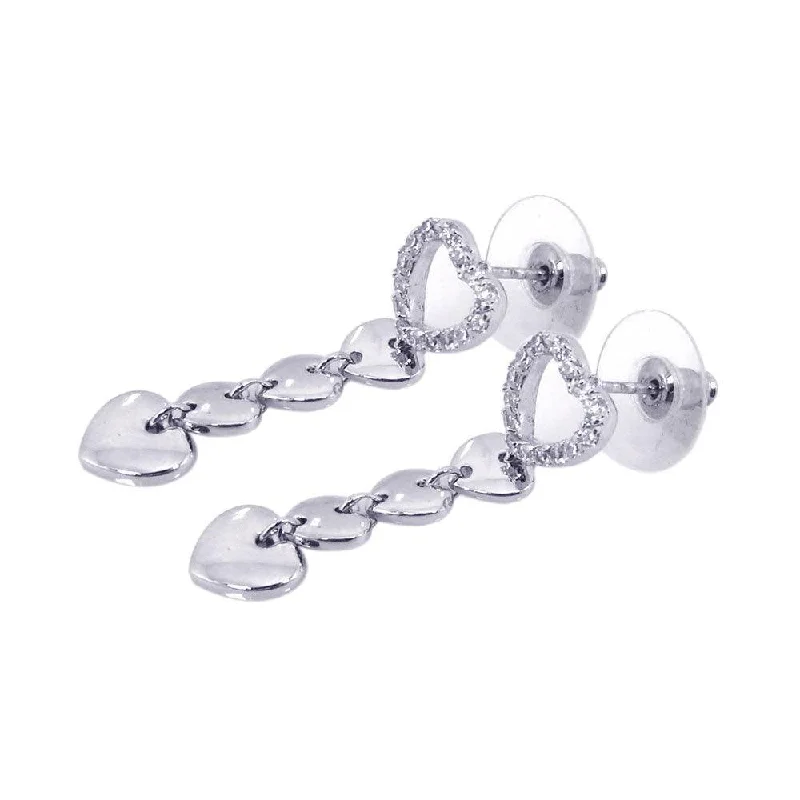 Ladies earrings open patterns-Silver 925 Rhodium Plated Open Heart Clear CZ Dangling Earrings - BGE00047