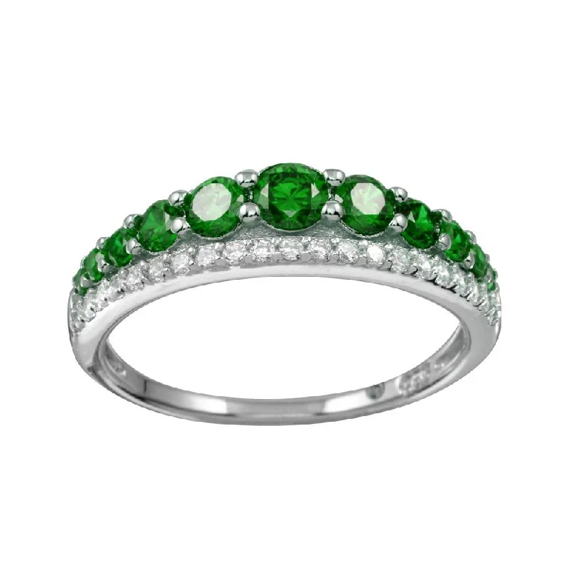 Ladies rings hypoallergenic-Rhodium Plated 925 Sterling Silver Green and Clear CZ Stones Ring - BGR01175GRN