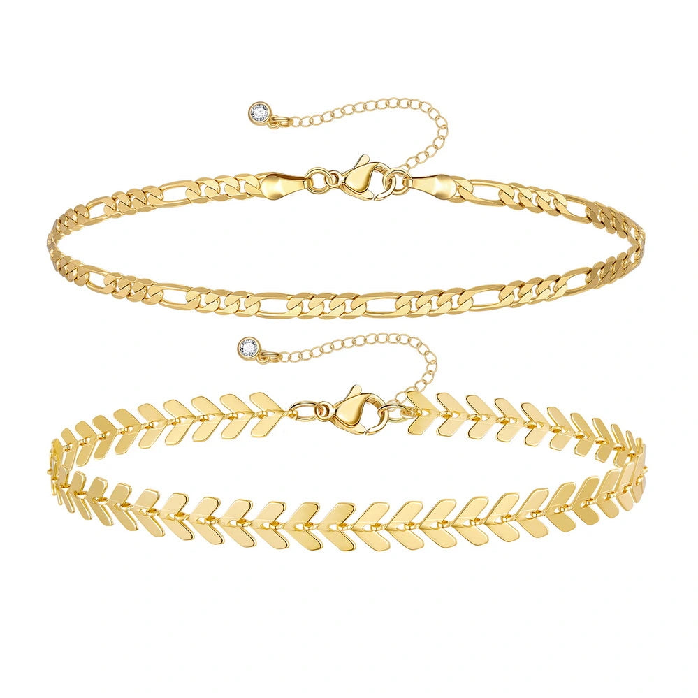 Ladies bracelets diamond charms-Dainty 14k Gold Plated Layering Anklets Bracelets Set- Figaro & Fishbone