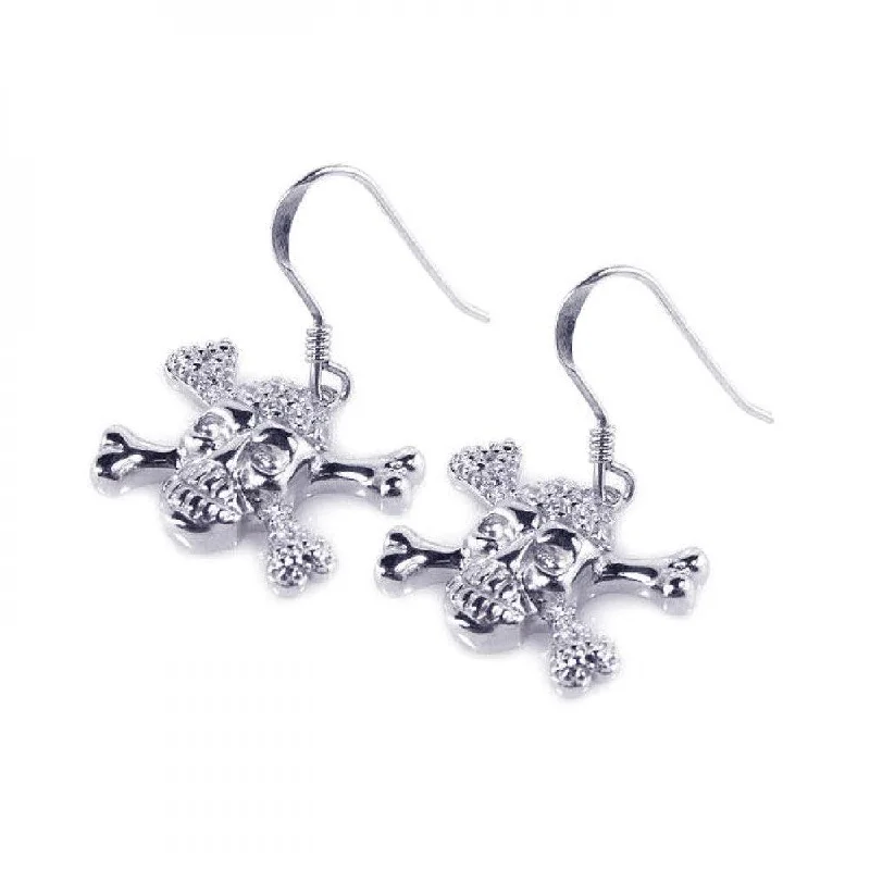 Ladies earrings silver tones-Silver 925 Rhodium Plated Pirate Skull CZ Dangling Hook Earrings - STE00537