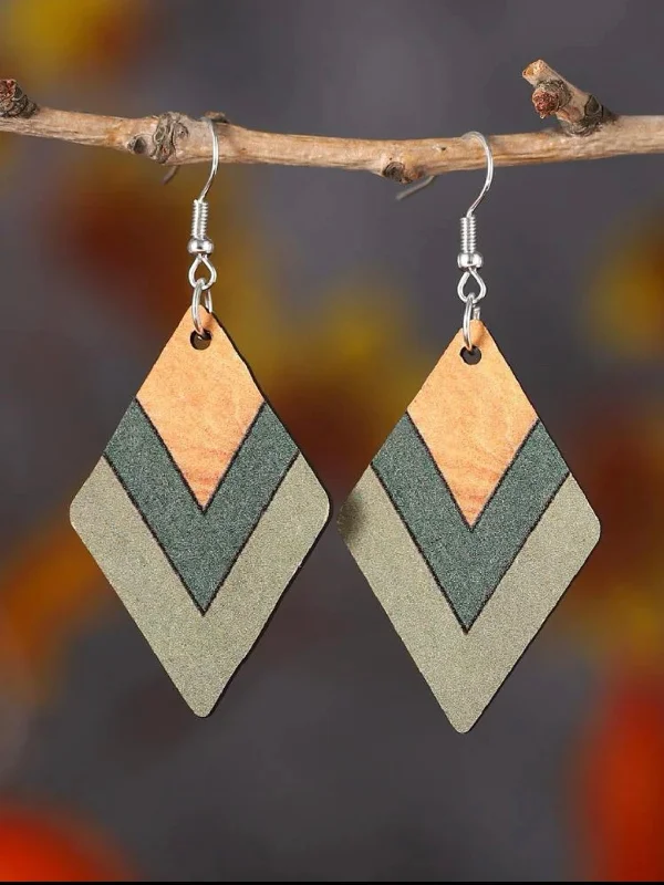 Ladies earrings punk vibes-Wooden Rhombus Drop Earrings