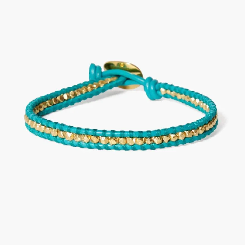 Ladies bracelets creative pieces-Single Vermeil Nugget Wrap Bracelet with New Turquoise Leather