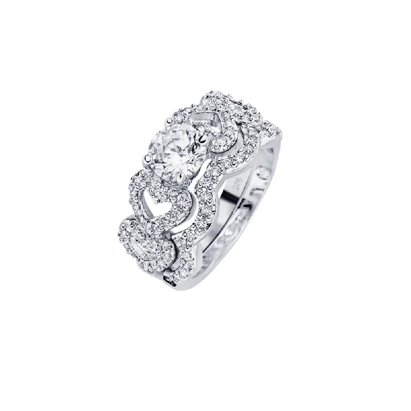 Ladies rings colorful stones-Silver 925 Rhodium Plated Round Clear Center CZ Heart Bridal Ring - BGR00578