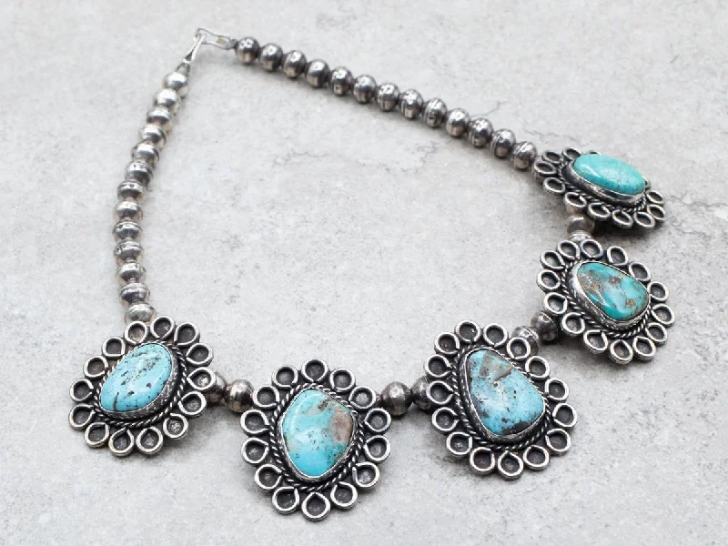 Ladies rings budget picks-Sterling Silver Native American Squash Blossom Turquoise Statement Necklace