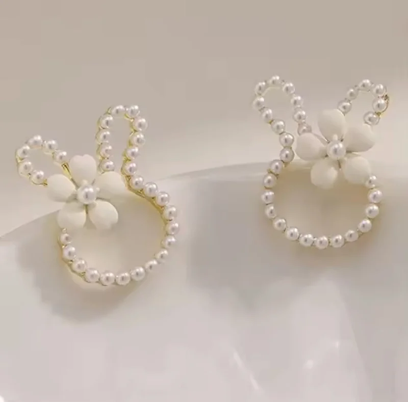 Ladies earrings care tips-Easter Bunny Earrings with Pearls and a White Dainty Flower