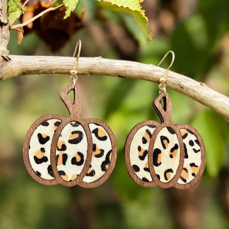 Ladies earrings buying guide-Wooden Leopard Print Pumpkin Earrings