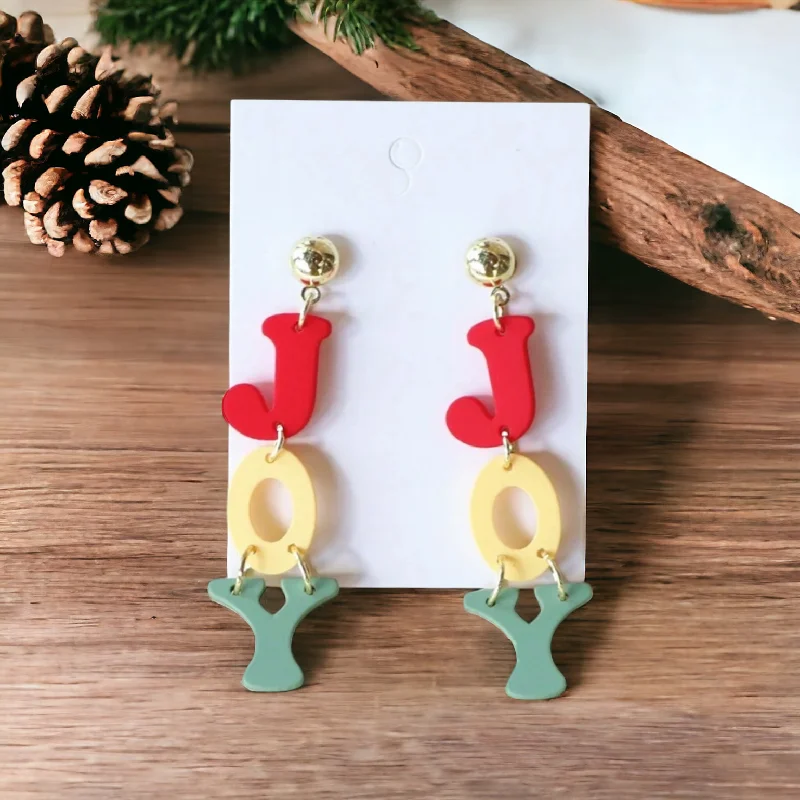 Ladies earrings gold-plated-Beautiful Acrylic Tri-Color "JOY" Christmas Earrings