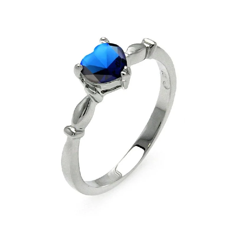 Ladies rings natural gems-Rhodium Plated 925 Sterling Silver CZ Heart Blue September Ring - BGR00521SEP