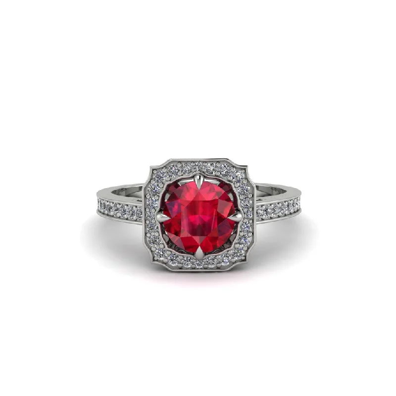 Ladies engagement rings budget options-Ruby Cathedral Halo Engagement Ring - Luciana No. 12