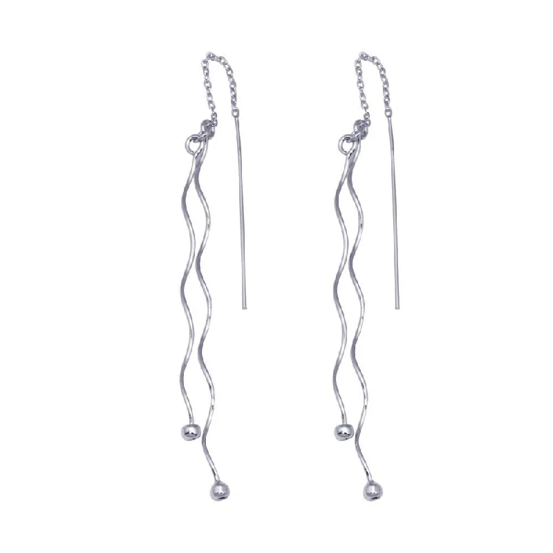 Ladies earrings diamond drops-Silver 925 Rhodium Plated Two Twisted Wire Threaded Hanging Ball Hook Earrings - DSE00046