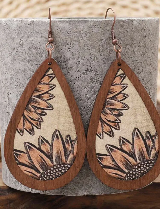 Ladies earrings party wear-Western Style Wooden Sunflower Tear Drop Earrings