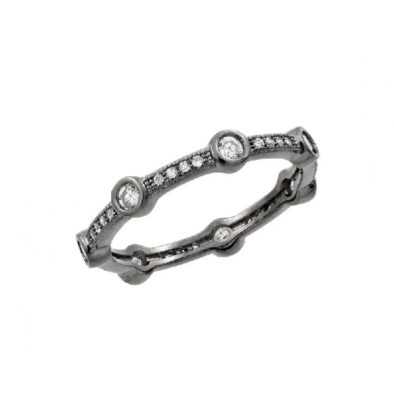 Ladies rings holiday gifts-Oxidized Rhodium Plated Silver 925 Round Clear CZ Eternity Ring - BGR00916