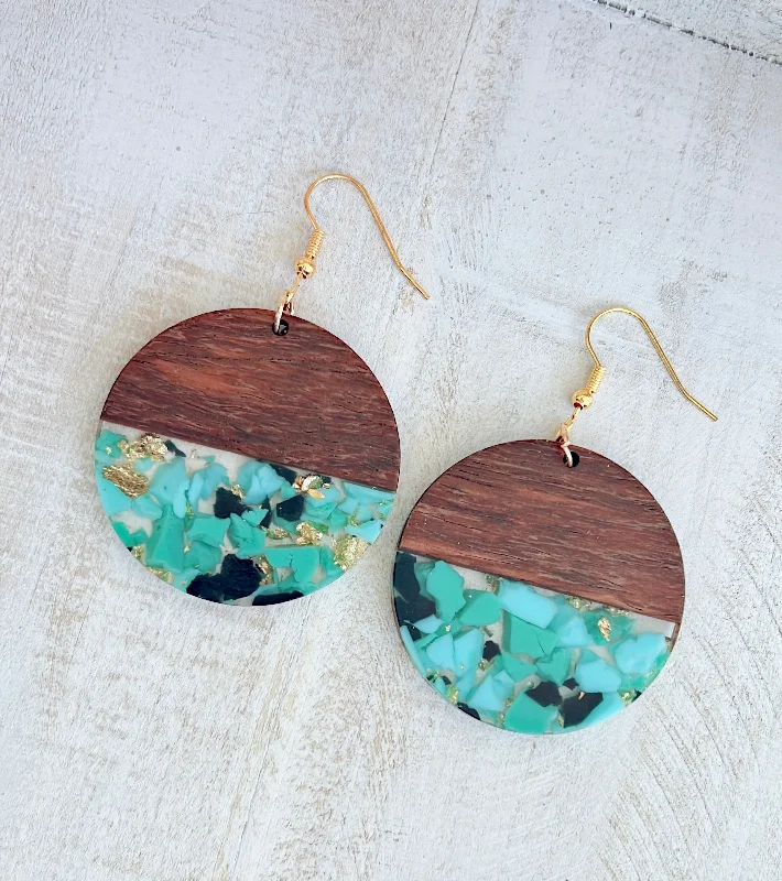 Ladies earrings modern looks-Beautiful Round Wood and Green Patchwork Resin Drop Earrings