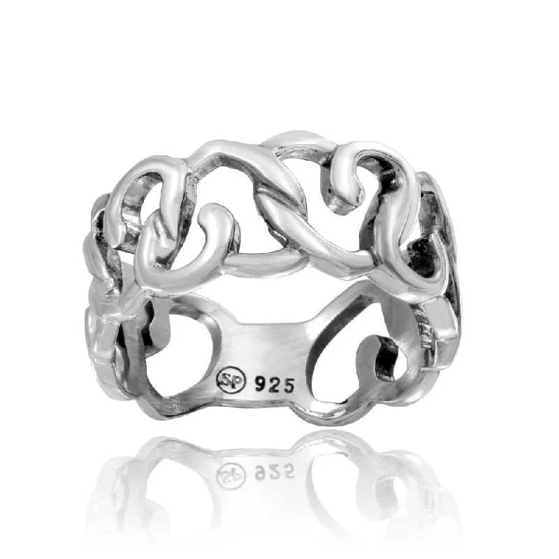 Ladies rings social media trends-High Polished 925 Sterling Silver Linked Hearts Ring - CR00735