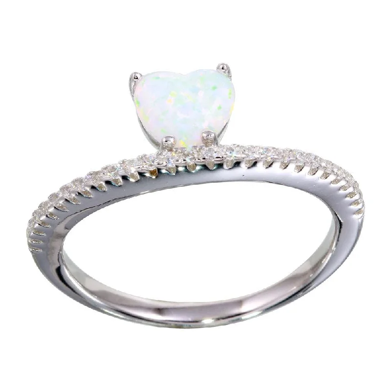 Ladies rings pinky designs-Rhodium Plated 925 Sterling Silver Semi Eternity Band with Opal Heart Ring - BGR01134