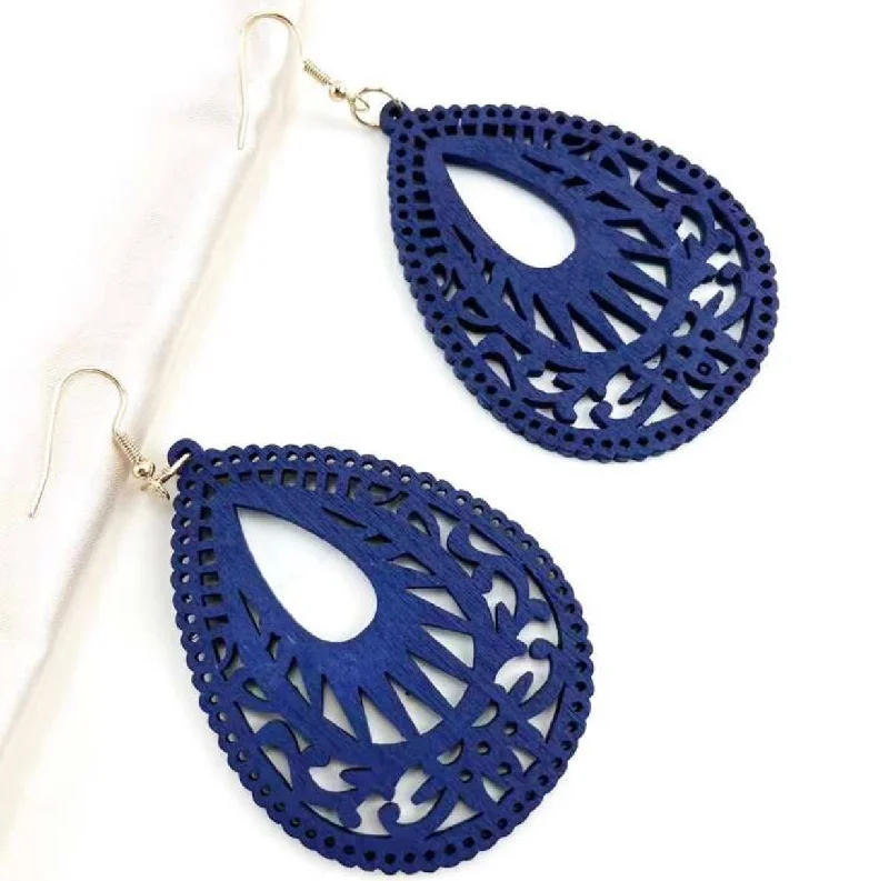 Ladies earrings matching pairs-Beautiful Navy Blue Wooden Drop Earrings