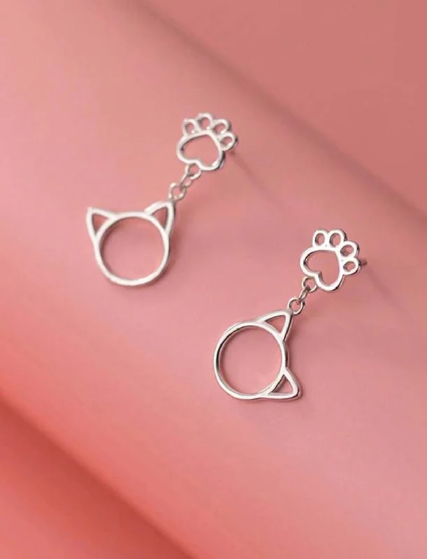 Ladies earrings 2025 trends-Beautiful Cat and Paw Stud Drop Earrings